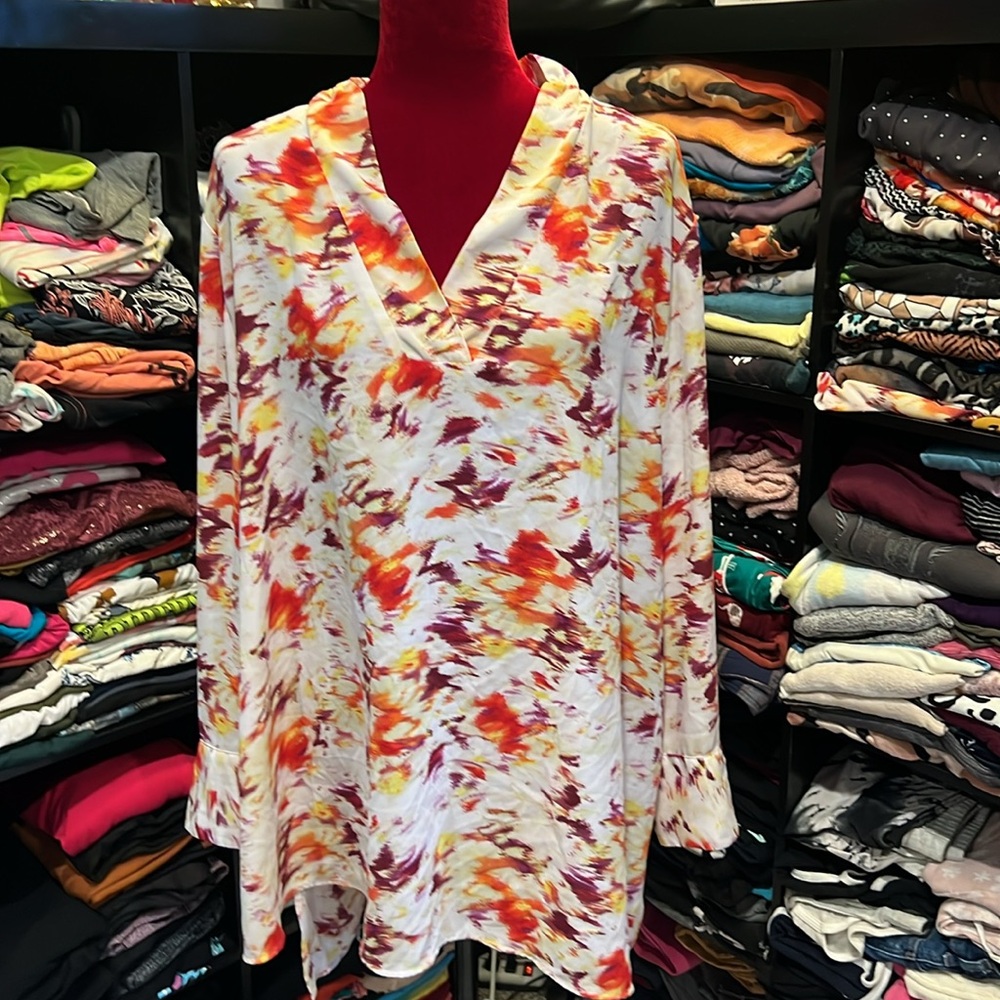 #103. 🪷Colorful tunic length blouse. Terra & Sky. 2x